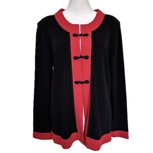 Misook Sweater Blazer Cardigan Black with Red Trim Frog Closure Size M